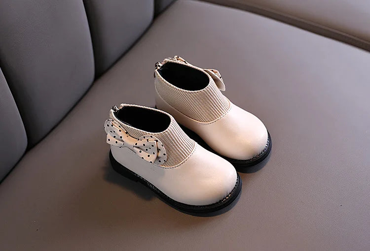 Children's Cotton Boots Winter New Kids Shoes Bow Girls Soft Bottom PU Leather Boots Baby Side Zipper Design Boots Toddler Shoes