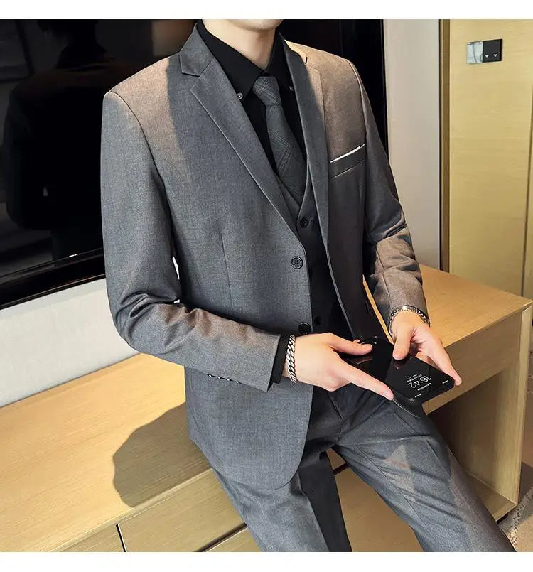 2023High-quality solid color (suit + vest + trousers) Men's business formal suit 3/2 business suit bridegroom and best man