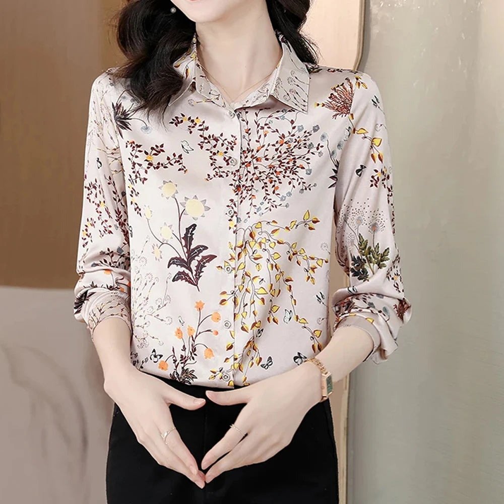 ARWEN & AJH GROUP Chic Printed Casual Office Shirts For Women Long Sleeve Silk Satin Fashion Women Blouses 2024 Elegant Female Tops  ARWEN & AJH GROUP