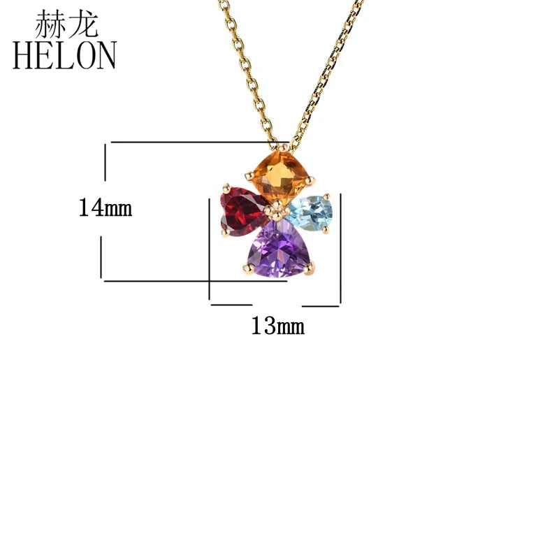 HELON Solid 14K Yellow Gold 100% Genuine Natural Citrine Garnet sky Topaz blue Amethyst Pendant Necklace For Women Fine Jewelry