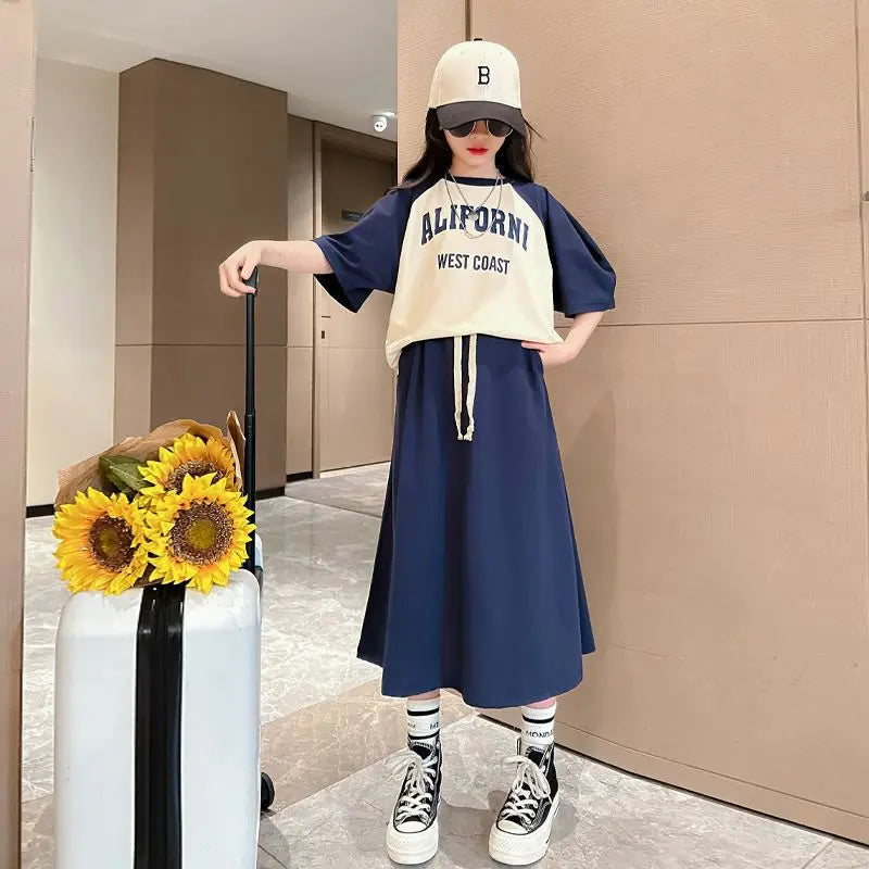 Summer Teenage Girls Clothes Set Children Letter Tshirts and Skirts Suit Kid Short Sleeve Top Bottom 2 Pieces Outfits Streetwear