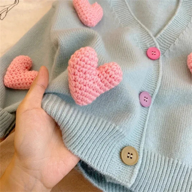 2024 Korean Kids Clothing  Sweaters Autumn Tutu Coat Three-Dimensional Love Knitted Cardigan Girls Jacket Baby Girl Clothes 2-8Y