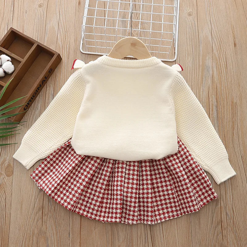 Autumn Winter Infant Girl 2PCS Clothes Set Love Button Bow Knitted Cardigan Full One Year Baby Girl Plaid Pleated Skirts Outfits