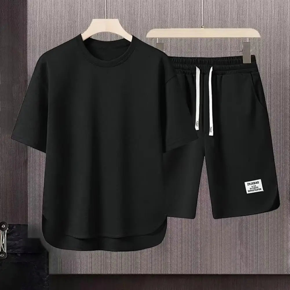 2Pcs/Set Men Summer Casual Outfit Short Sleeve T-shirt Elastic Drawstring Waist Wide Leg Shorts Set Activewear Set 남자 운동복 세트