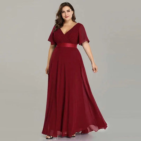 New Style Women V-Neck Chiffon Dress Wedding Evening Party Long Dress Elegant Party Red Dresses For Women 2023 Plus Size