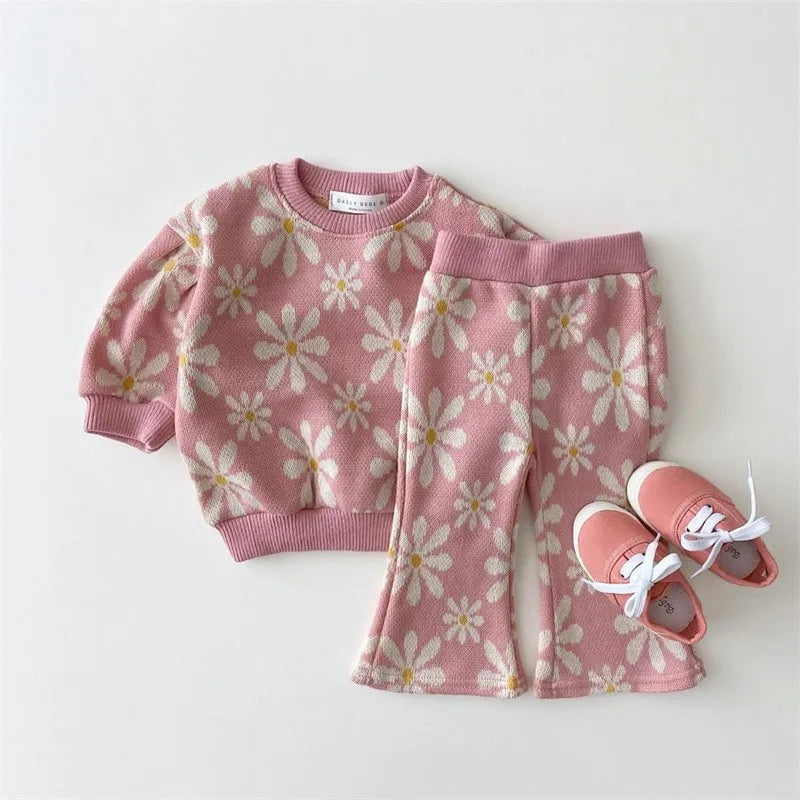 2024 Autumn Toddler Baby Girl Clothing Set Girls Knitted Sweater Tops + Flared Pants 2 Pieces Knit Suit Children Outfits Clothes