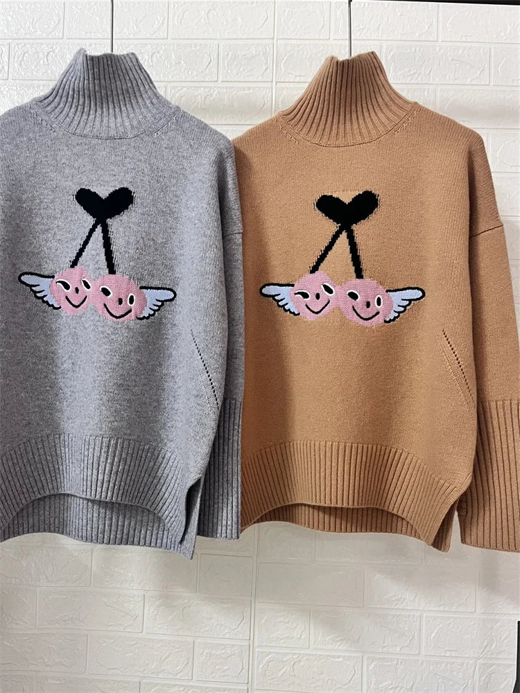 New Ladies Turtleneck Long Sleeve Wool Cashmere Pullover Top Women Sweater Cherry Heart Jacquard Solid Color Sweater Autumn 2023