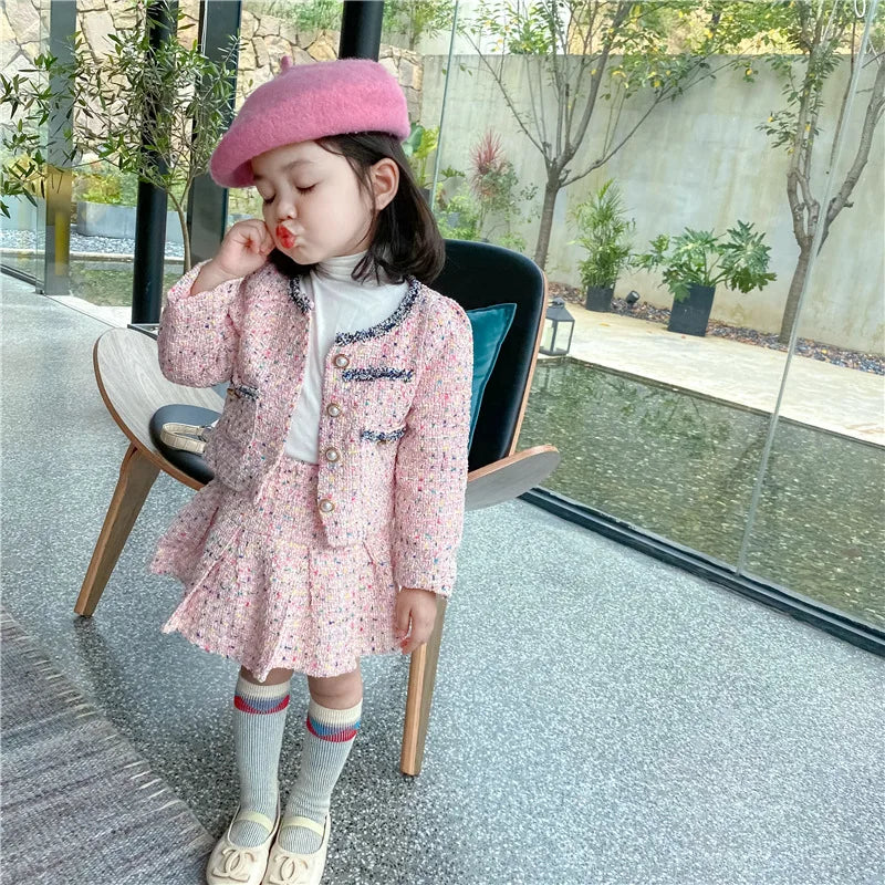 3308E Girls' Clothing Set Sweet Suit 2022 Autumn New Little Fragrant Wind Girl Two Piece Suit Knitted Coat+ Pleated Skirt