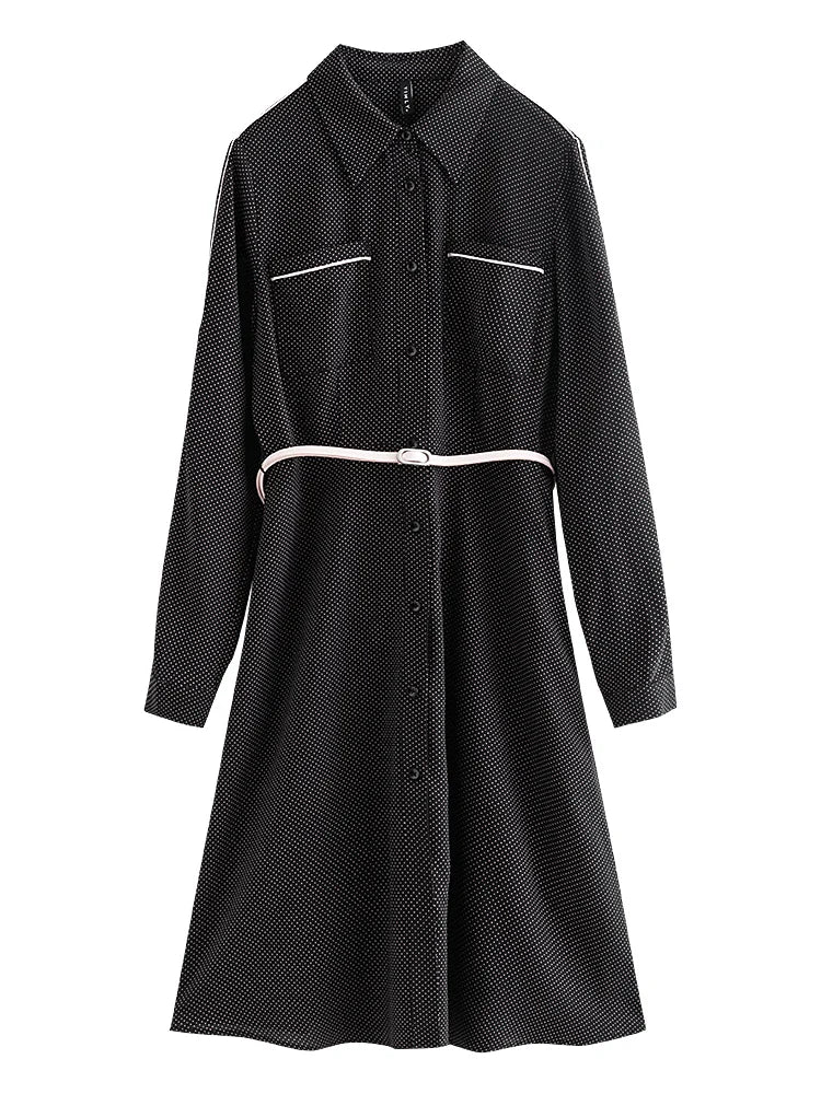 arwen ajh Vintage Button-up Shirt Dress Women Spring Autumn Black Dot Long Dresse Belted Elegant Dresses Female