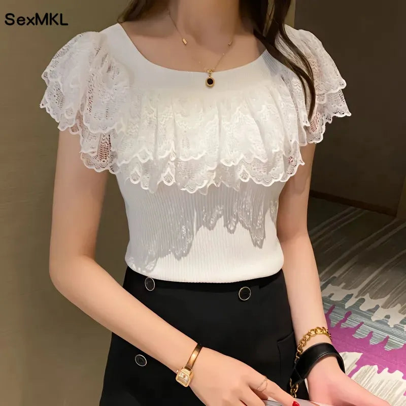 مجموعة أروين التجارية ARWEN & AJH GROUP Casual Lace Knitted Tops T-shirts Women 2024 Fashion Elastic White Black Purple Top Sexy Ladies  مجموعة أروين التجارية ARWEN & AJH GROUPT Shirts korean Clothes