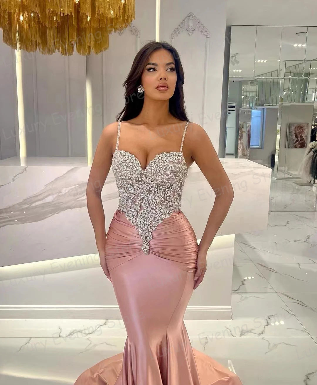 مجموعة أروين Classic Elegant Mermaid Evening Dresses 2024 Woman's Sexy Sleeveless Appliques Prom Gowns Court Train Satin Party فساتين طويلة