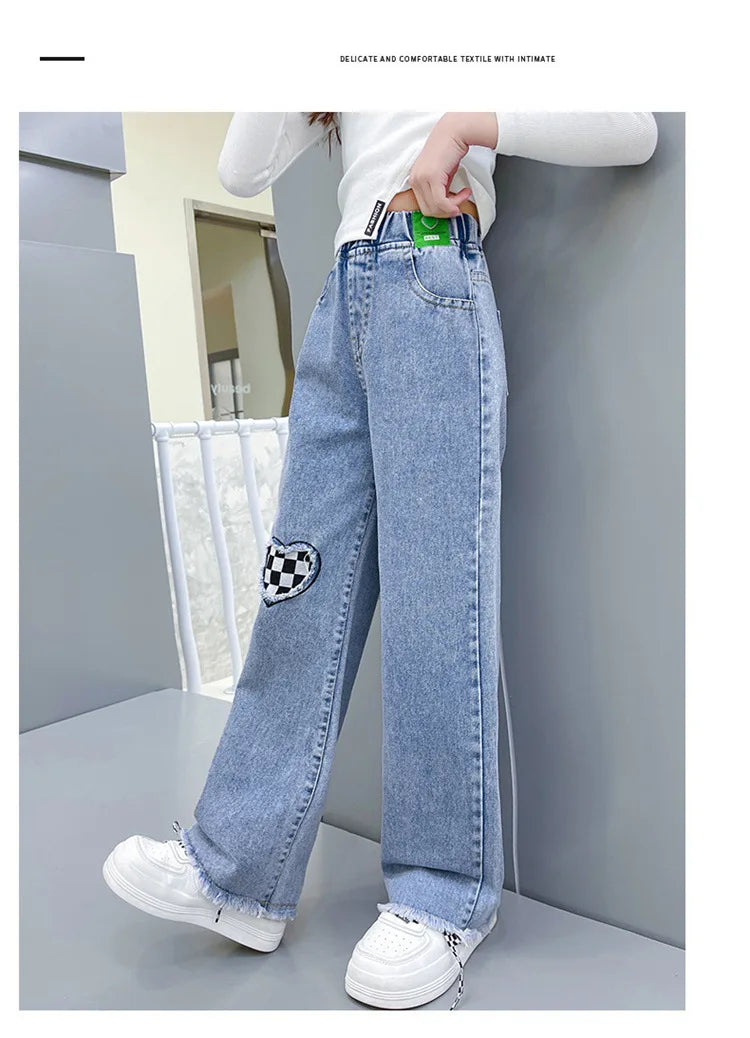 2024 Casual Style Jeans For Girl Teenage Clothes Elastic High Waist Denim Wide Leg Pants Spring Big Kids Straight Trousers 5-14Y