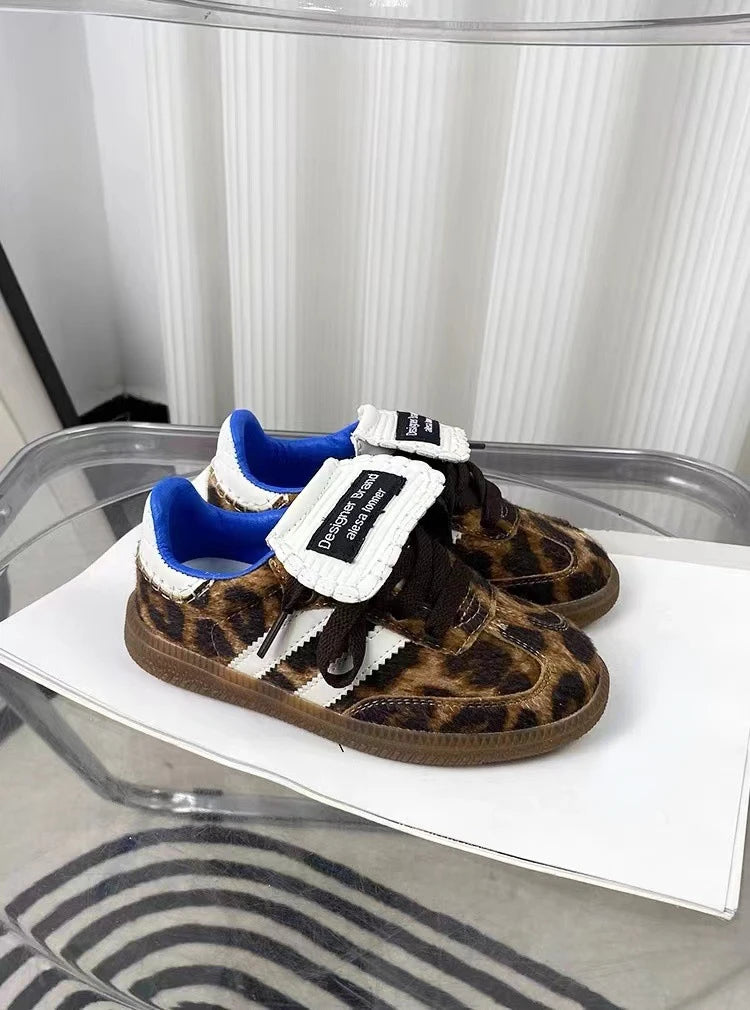 Children Boys Girls Leopard Horse Hair German Trainer Genuine Leather Sneakers Toddler Kid Light Breathable Sports Running Shoes