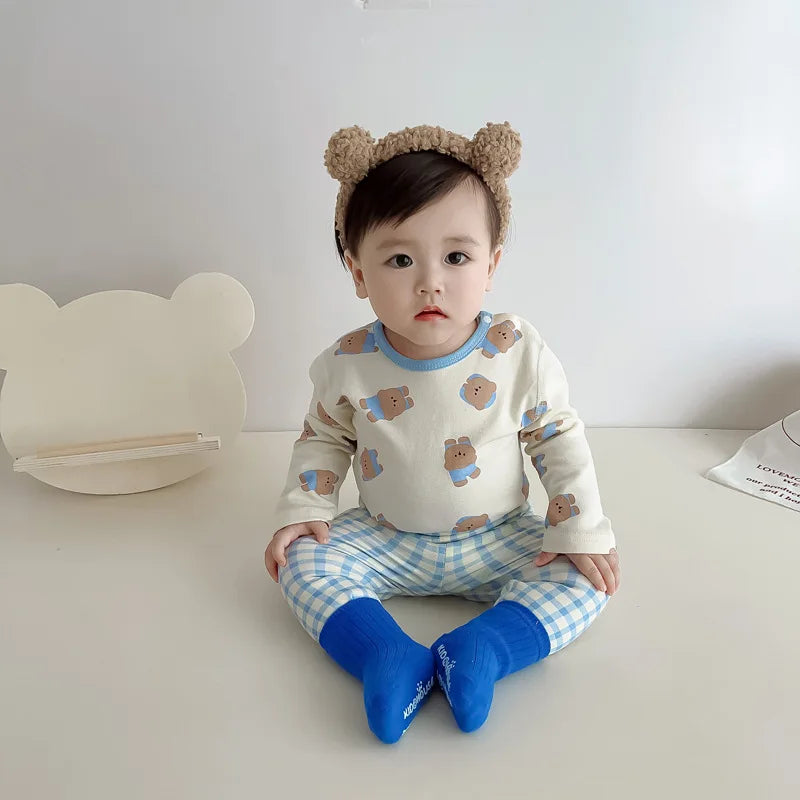 2024 Korean Ins Kids Loungewear Outfit Set Cotton Autumn Pants Boys Girls Pajamas Baby Winter Indoor Clothes 0 To 24 Months