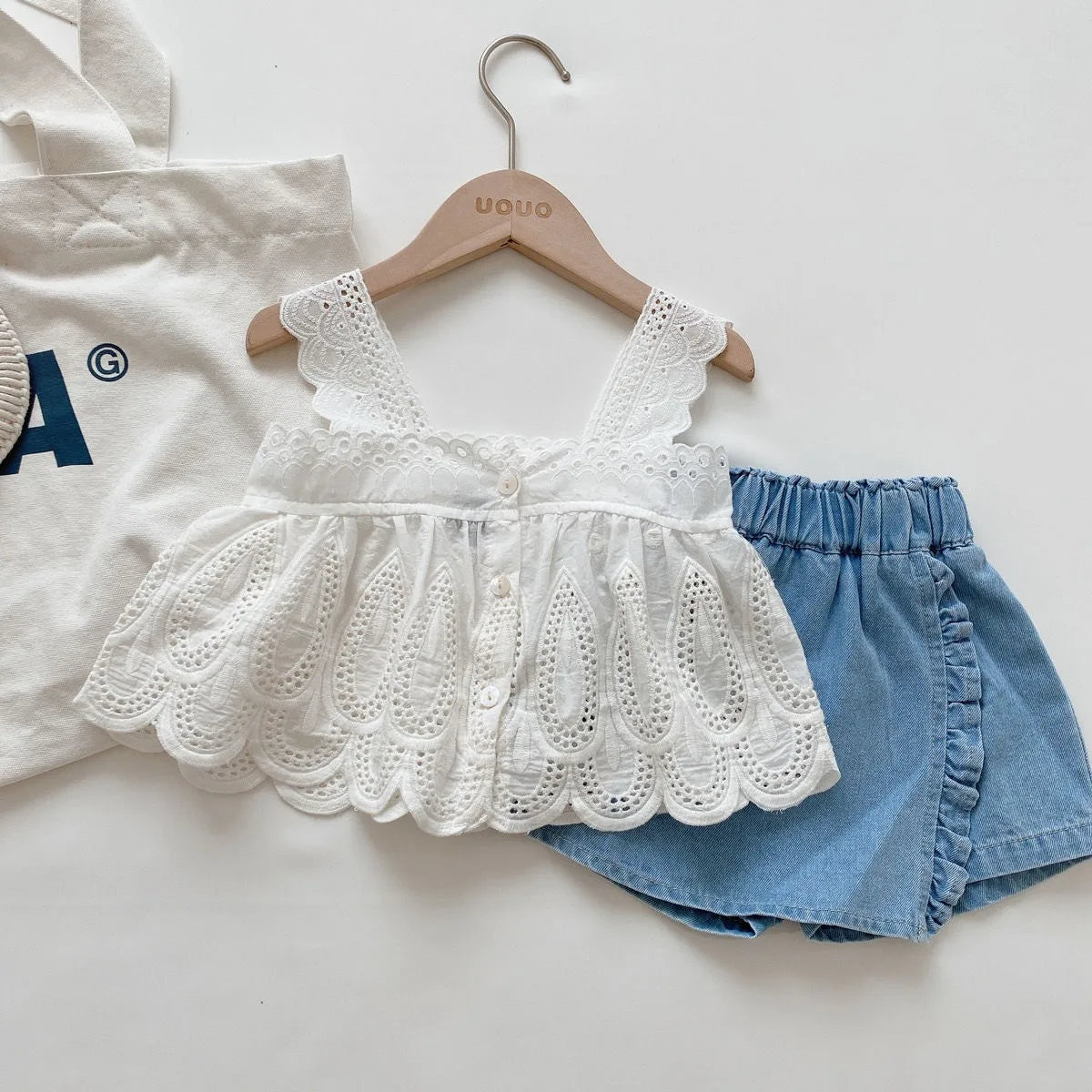 Girls Summer Suit White Suspender Top + Denim Shorts Two-piece Set Casual Simple Style Lace Loungewear Outfit