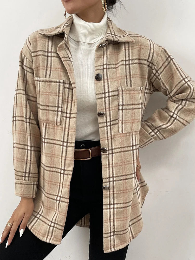 ARWEN & AJH GROUP Autumn Spring   Plaid Shirt Women Casual White Long Sleeve Pocket Collared Shirts Top Clothes Fashion New 2023 Fall