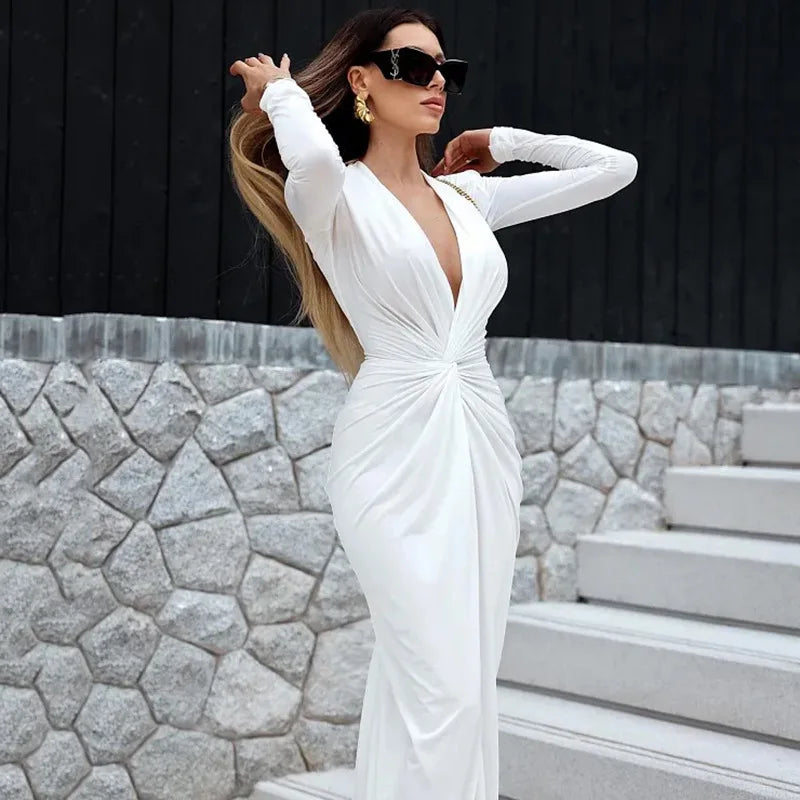 GACVGA 2024 Autumn Sexy Split Women's Dress With Shoulder Pad Long Sleeve Folded Maxi Vestidos Elegant Party Club Evening Dress