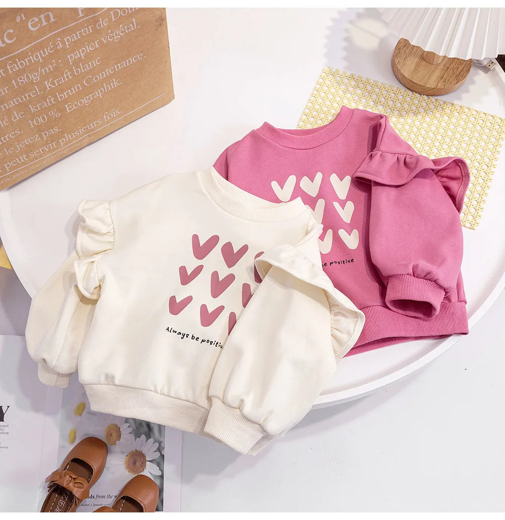 Cute Baby Girls Tops Sweatshirt Love Pattern Ruffles Long Sleeve O-Neck Pullover Kids Shirts Casual Loose Hoody Children Clothes