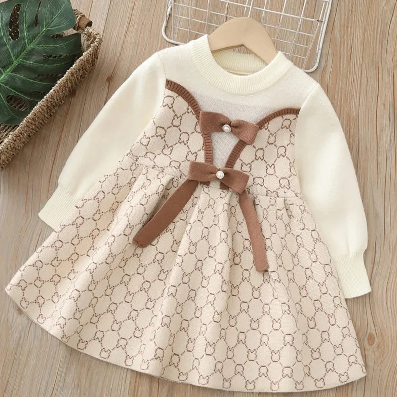 2024 Autumn Winter Children Girl Dress Cotton Rabbit Plaid Spliced Baby Girls Dress Plus Fleece Warm Bow Knitted Kids Girl Dress