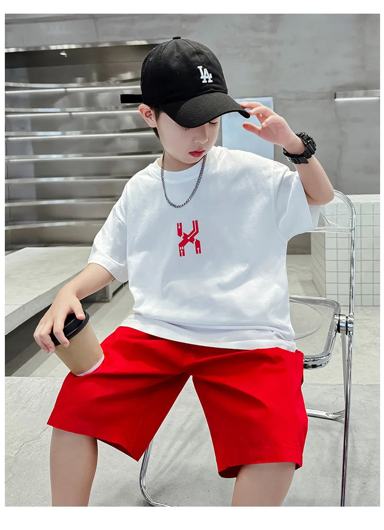 Junior Boy Summer Short-sleeved Suit Loose T-shirt + Shorts Sports Two-piece Suit Trendy Loungewear Outfit Children's Set