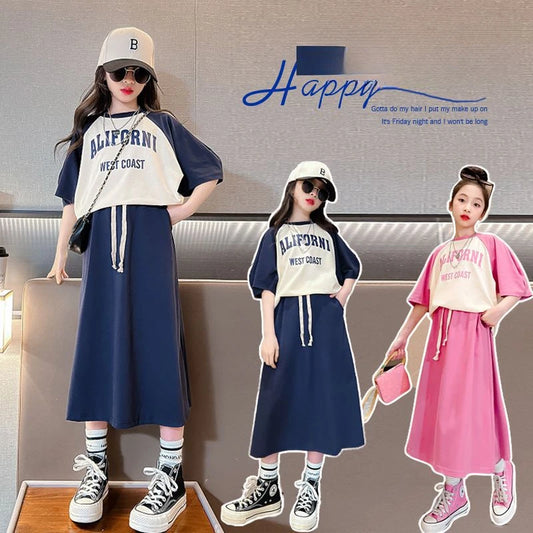 Summer Teenage Girls Clothes Set Children Letter Tshirts and Skirts Suit Kid Short Sleeve Top Bottom 2 Pieces Outfits Streetwear