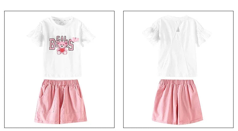 Teenager Girls Set 2-piece Casual Sportswear Unit for Outer Wear Short-sleeved Cute Top + Loose Shorts Loungewear Outfit