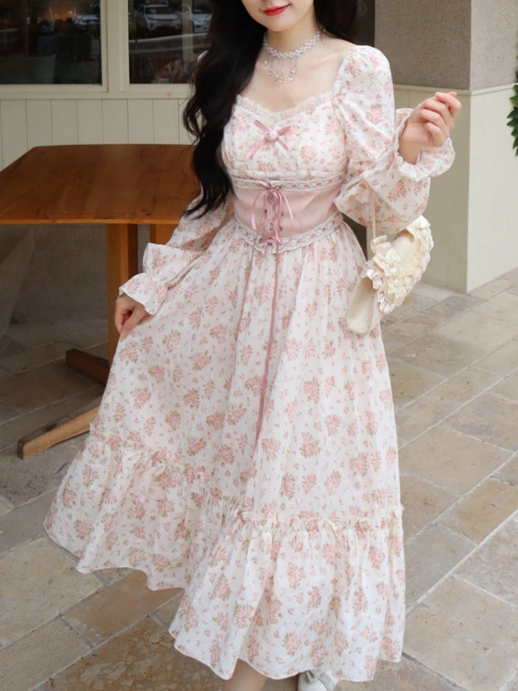 ARWEN & AJH GROUP 2024 Spring Pink Floral Elegant Dress Women Bandage Lace Print Sweet Vintage Dress Puff Sleeve Dress Women Princess Fairy