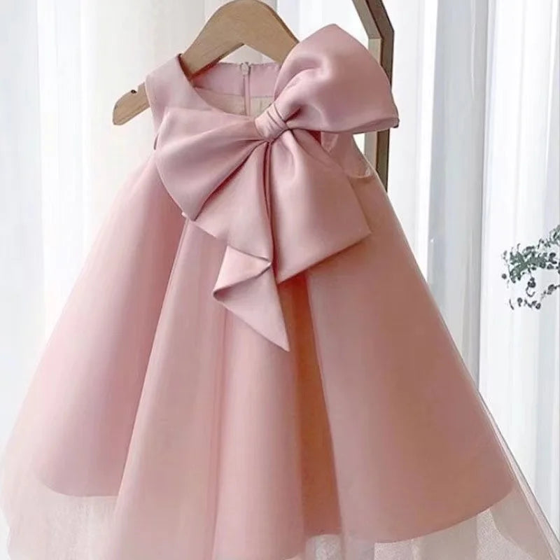 Girls' Dress 2024 Big Bow Girl's First Full Moon Birthday Festival Dress Korean Version Baby Girl Dress Kids Clothing