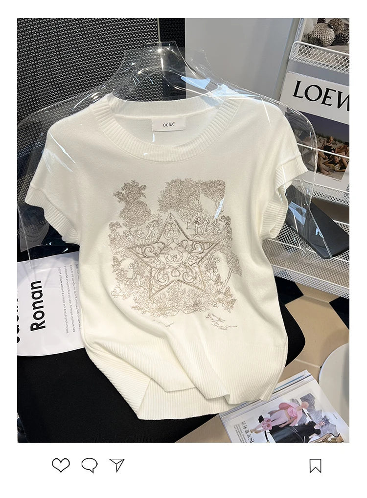 2024 Summer Embroidery Korean Fashion Knit Sweater Vest Women Vintage Sleeveless Round Neck Pullover Top Ladies Women's Sweaters