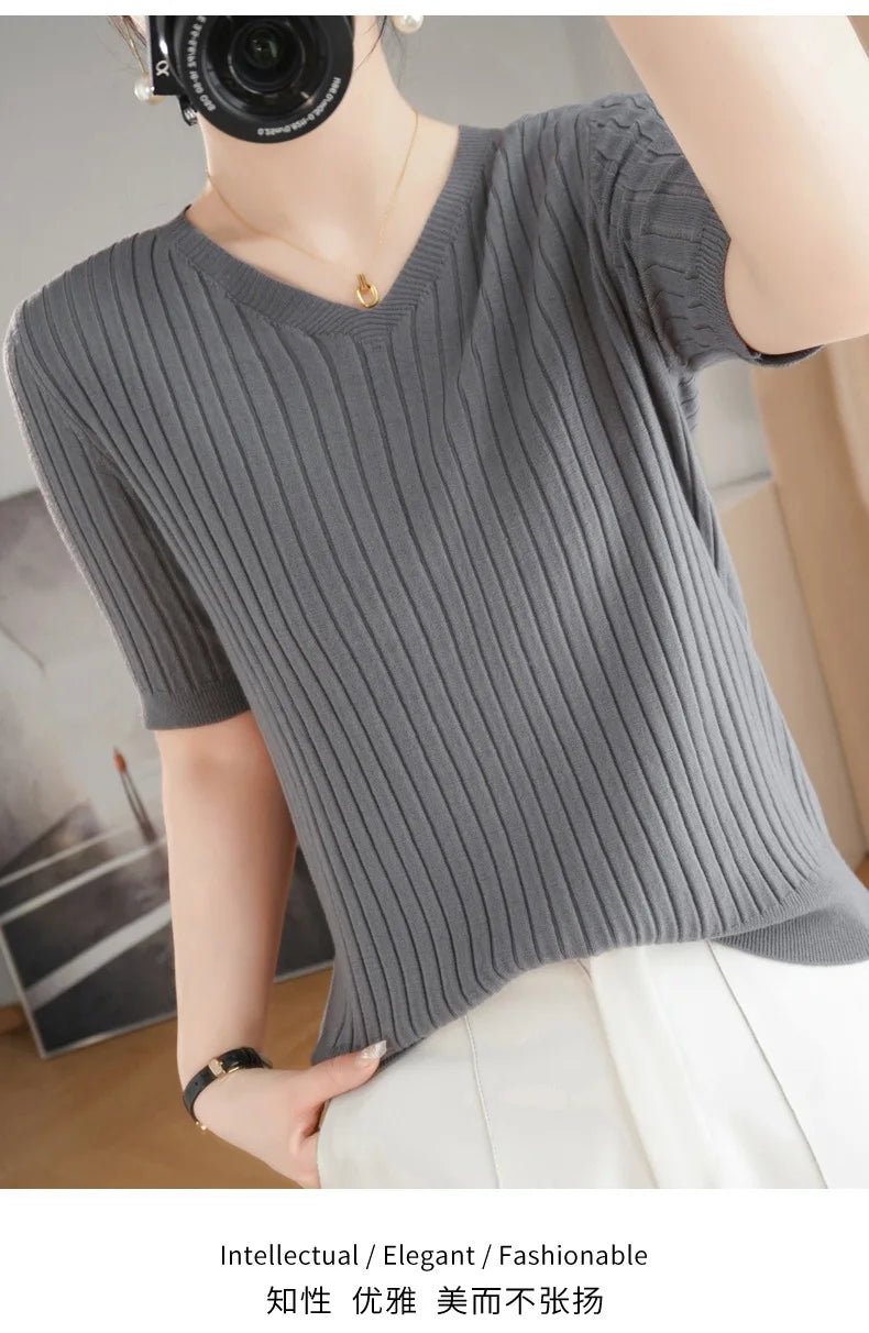 2024 new Women's Clothing Pullovers Sweaters Spring Summer New V-neck Short sleeved Knitted Shirt Base Shirt Solid Color Jumpers