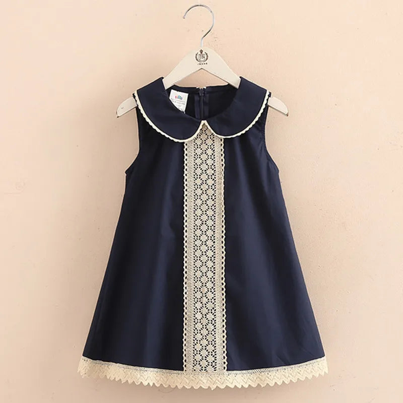 2024 Summer 3 4 5 6 8 10 12 Years Ethnic Lace Embroidery Peter Pan Collar Sleeveless Tank Sundress Cotton Baby Kids Girls Dress