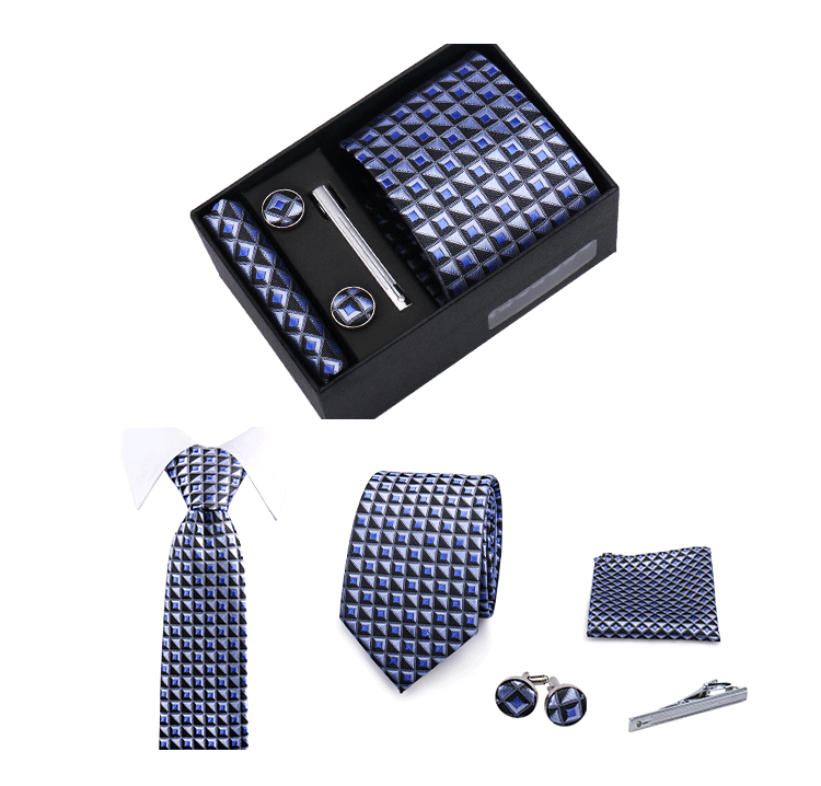 Fashion Elegant Men's Necktie Gift Box Striped Tie Handchief Cufflink Tie Clip 4 pcs Set Wedding Business Party Suit Accessories