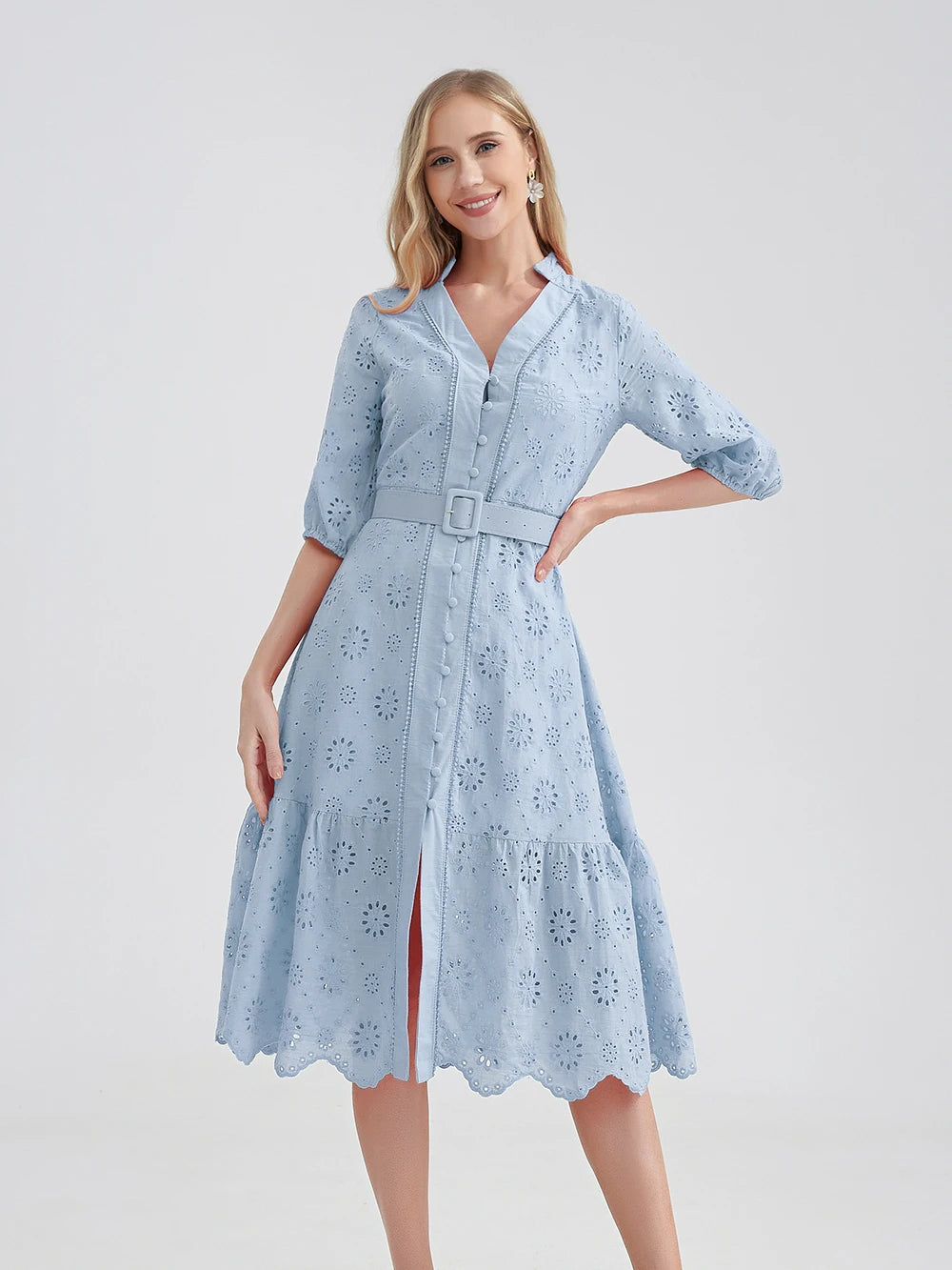 ARWEN & AJH GROUP  Cotton Hollow Out Summer Dress Women Holiday   Casual High Waist Ruffled Mini V-Neck Dresses A-line Frills