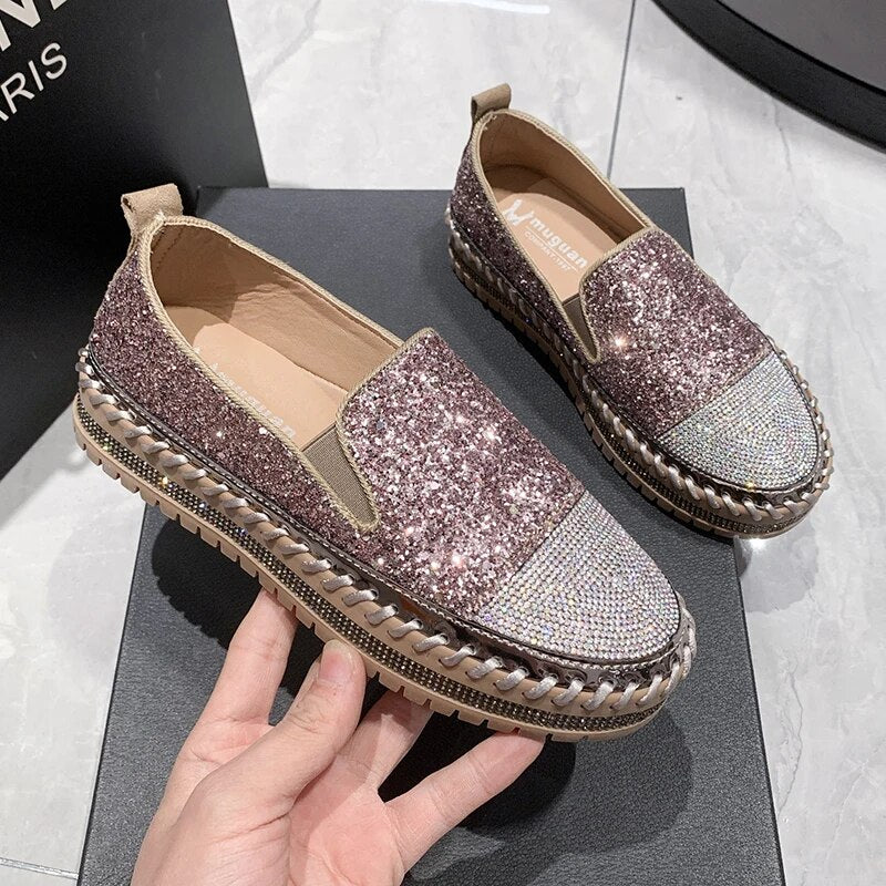 Shining Rhinestone Flats Loafers Slip-on Thick Botton Casual Woman Crystal Shoes Female Fashion Sneakers Sports Running