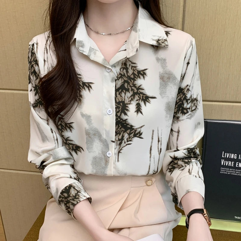 Women Spring Korean Elegant Loose Printing Polo-Neck Long Sleeve Shirts Women Clothes Casual All-match Temperament Trend Tops