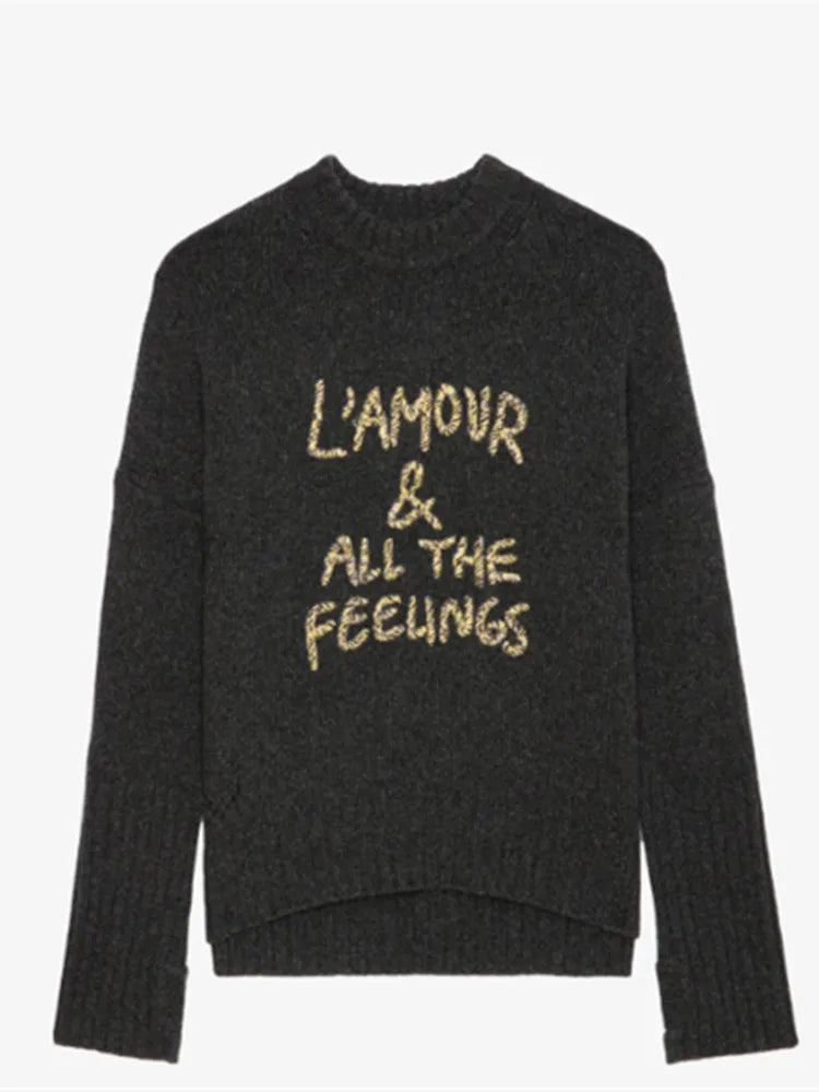 Letter Embroidery Sweater Women 100% Cashmere Long Sleeve Sides Slit Loose Female O-neck 2024 Autumn Winter Jumper