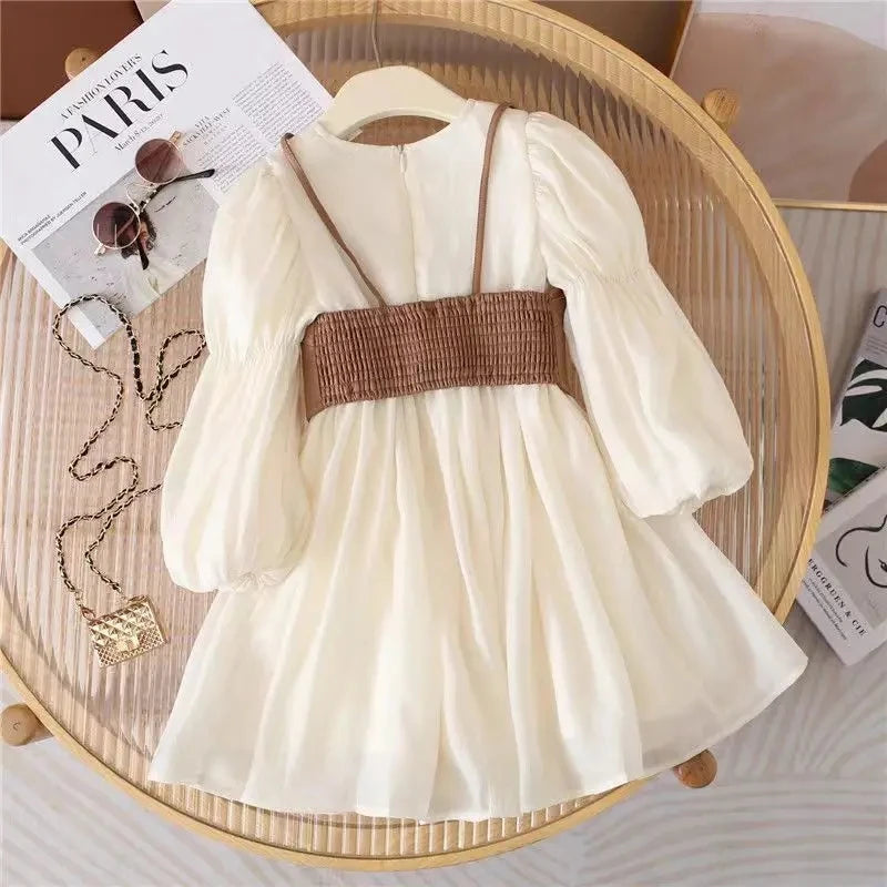 ARWEN & AJH GROUP Long Sleeve Chiffon Princess Dress + PU Leather Vest 2Pcs 2024 New Girls Dress Spring And Autumn Fashion 2-12 Years Kids Clothes