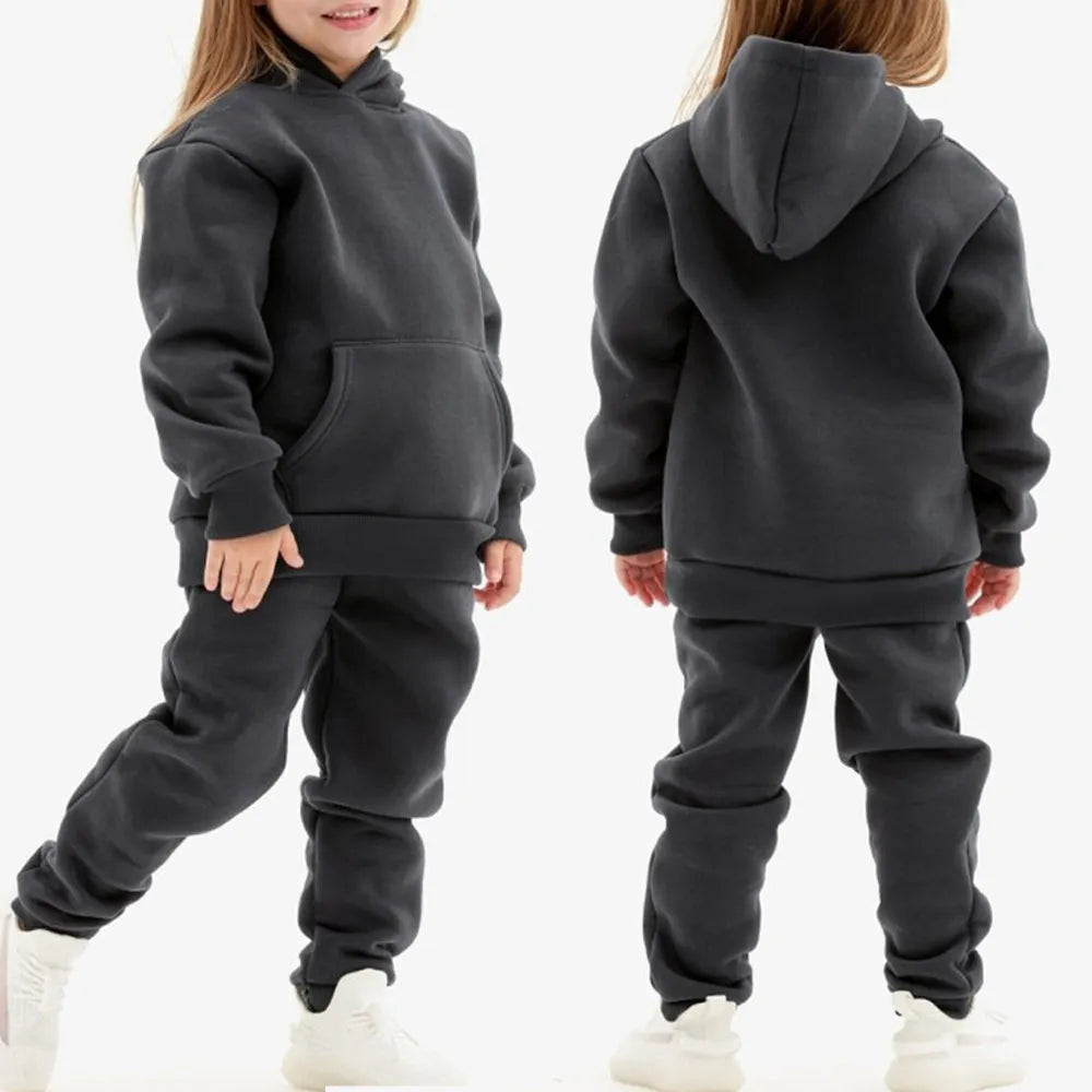 2023 Winter Children Hooded Tracksuits Suits 0-6Y Toddler Boys Girls Clothing Suit Solid Plush Sweater and Sports Pants Set