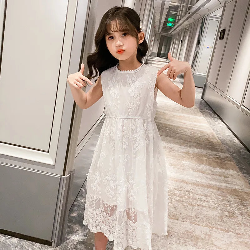 2023 summer Teenager kids Girls clothes floral mesh Princess white Dress lace off shoulder sleeveless 5 6 7 8 9 10 11 12 Years