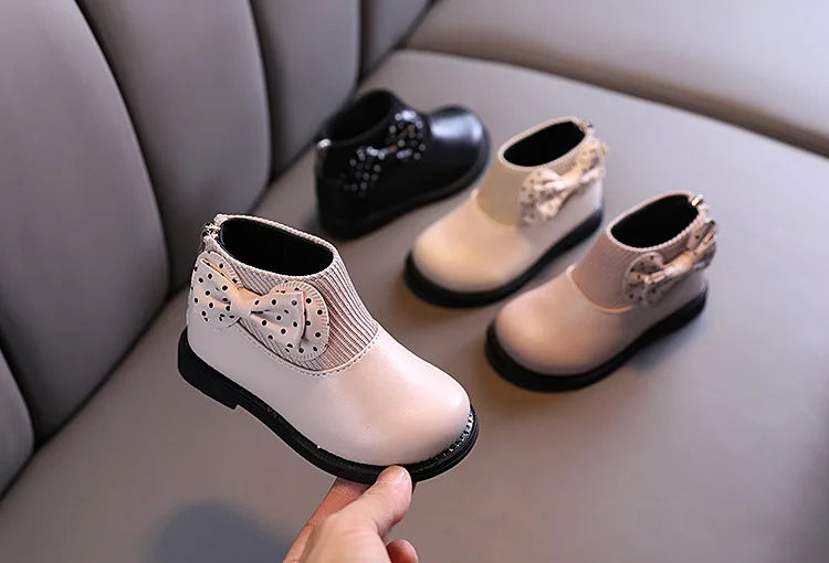 Children's Cotton Boots Winter New Kids Shoes Bow Girls Soft Bottom PU Leather Boots Baby Side Zipper Design Boots Toddler Shoes