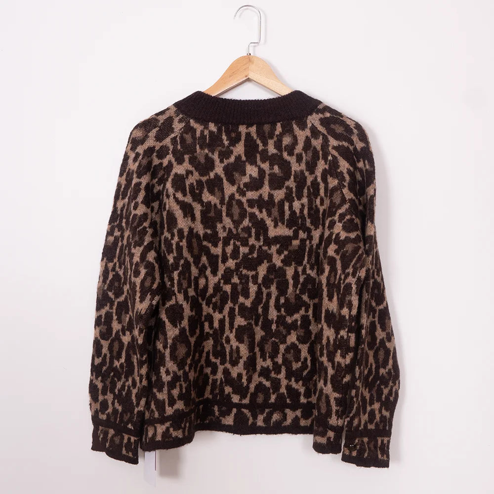 ZESSAM Sa Leopard Print Jacquard Knit Cardigan O-Neck Long Sleeve Button Pocket Female Sweater Casual Cozy Ladies Tops 2023