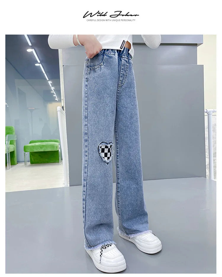 2024 Casual Style Jeans For Girl Teenage Clothes Elastic High Waist Denim Wide Leg Pants Spring Big Kids Straight Trousers 5-14Y