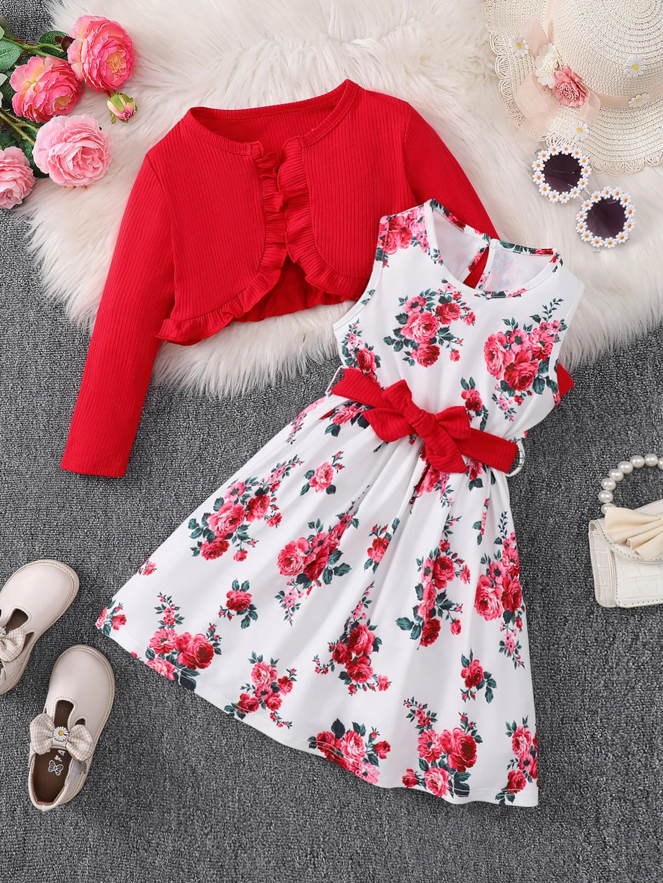 4-7 Years Kids Girls 2PCS Dress Set Solid Knitted Overcoat+Floral Sleeveless Dress with Belt Photography Style Princess Clothing