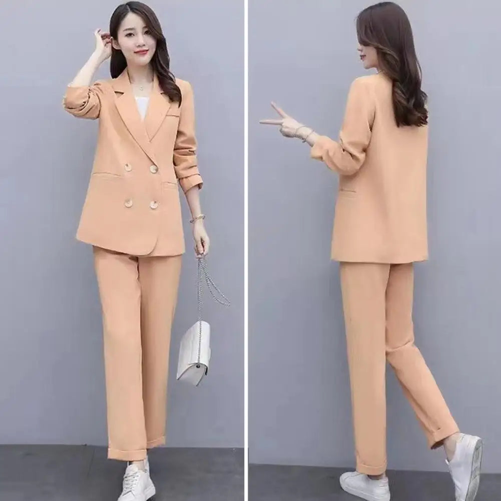 Women Spring Coat Elegant Women's Business Suit Set with Double-breasted Coat High Waist Pants for Formal Office Wear Commute