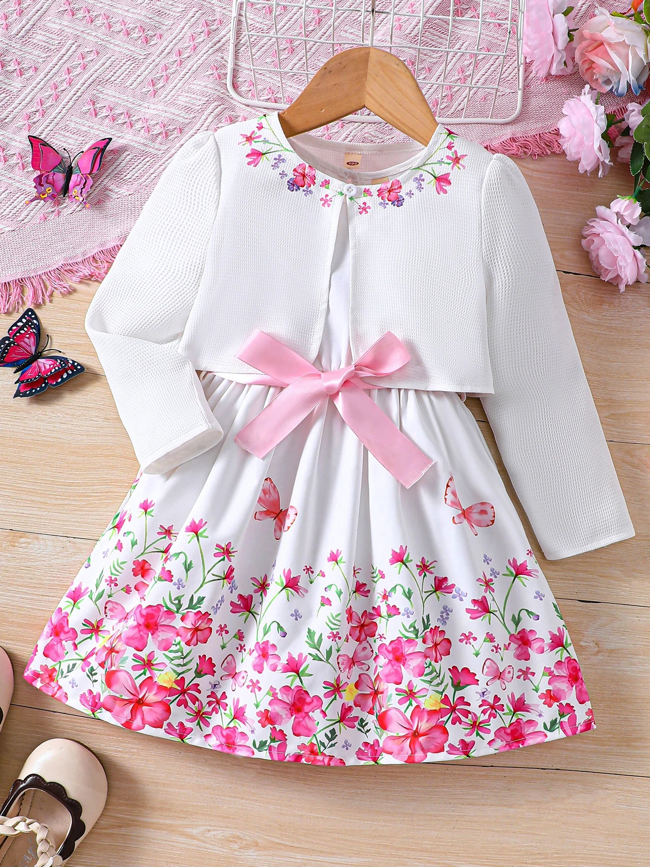 2024 Girls Spring/Summer New Product Two Piece Sweet Flower Dress+Cardigan Small Coat For Children And Girls 2-6 Years Old