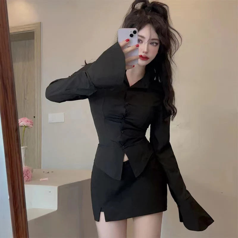 Sexy Slim Bandage Shirts Women Y2K Fashion Lapel Bell Sleeve White Blouses Female Korean Streetwear Spring Buttons Tops New