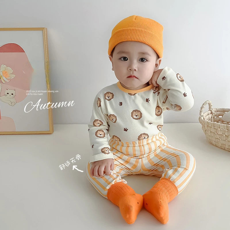 2024 Korean Ins Kids Loungewear Outfit Set Cotton Autumn Pants Boys Girls Pajamas Baby Winter Indoor Clothes 0 To 24 Months