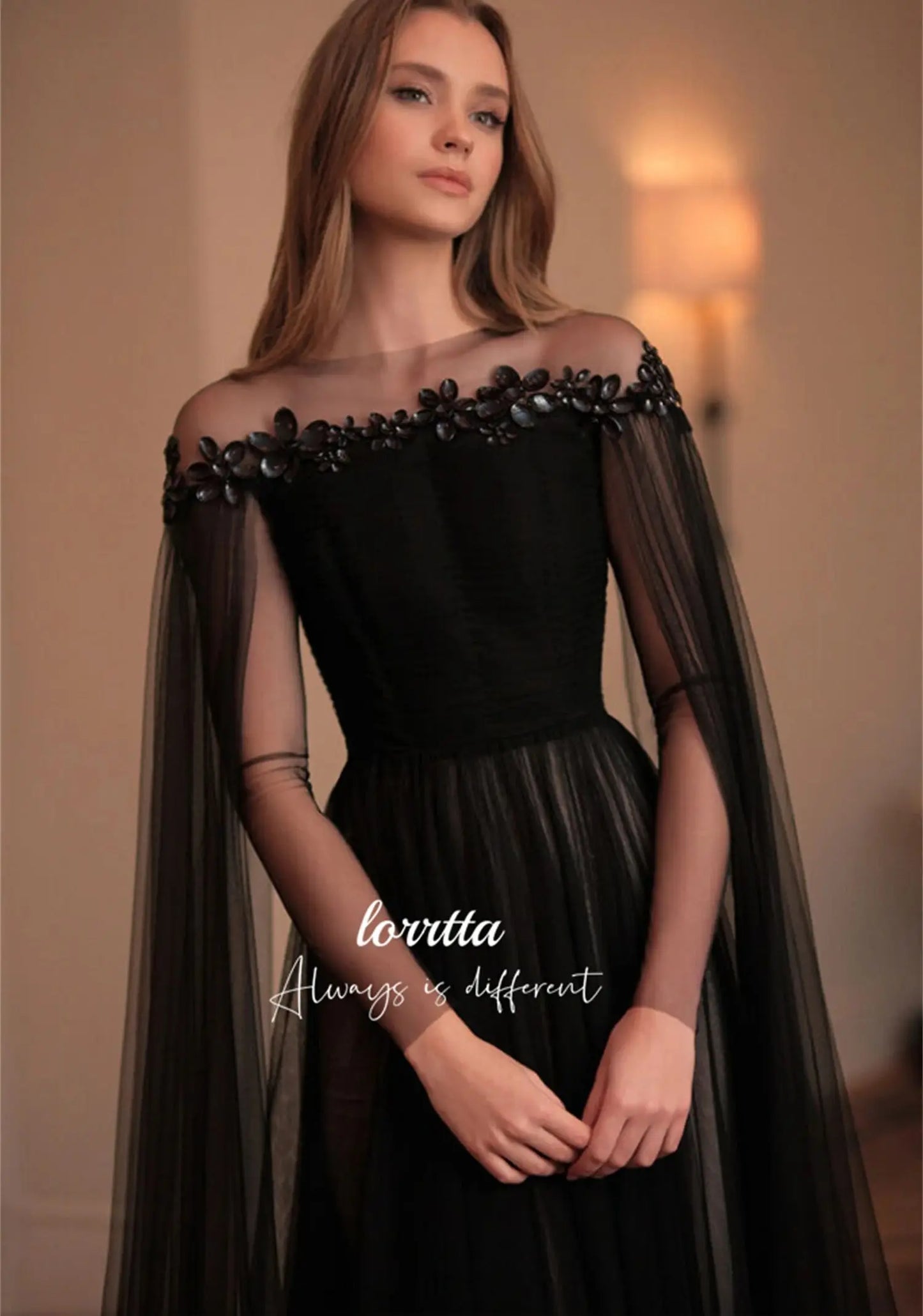 Lorrtta Three-dimensional Shiny Decoration Black Evening Dress Line A Elegant Party Dresses for Wedding Night Prom Cocktail Gala