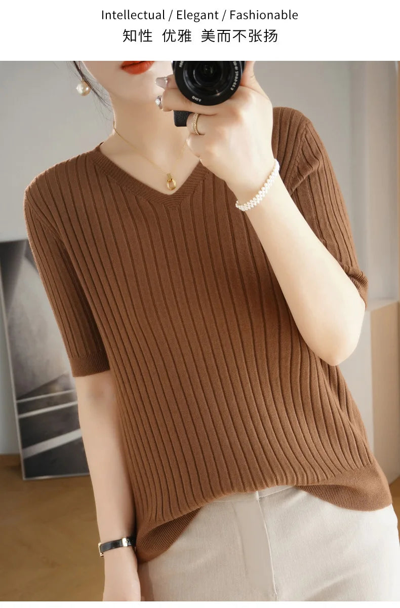 2024 new Women's Clothing Pullovers Sweaters Spring Summer New V-neck Short sleeved Knitted Shirt Base Shirt Solid Color Jumpers