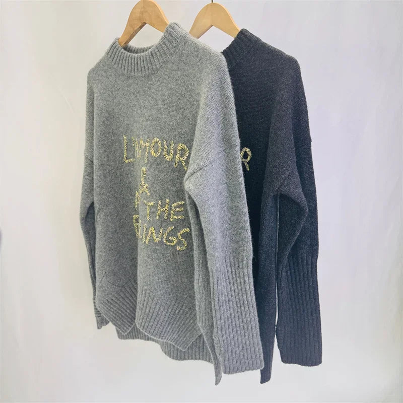 Luxury Fashion 2024Winter Jumper Letter Embroidery Women Sweater Cashmere Long Sleeve Sides Slit Loose Female O-neck Clothing